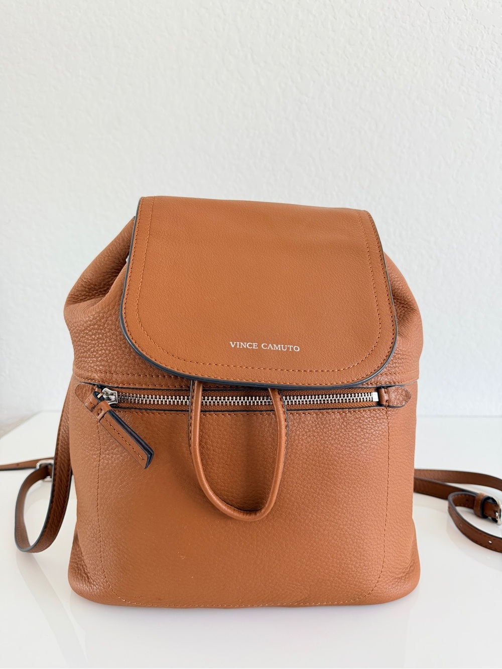Vince Camuto Cognac Leather Flap Backpack